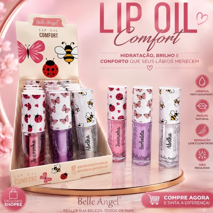 Kit C/3 Gloss Labial Brilho Espelhado Lip Oil Belle Angel Embalagem Fofa Não Pegajoso
