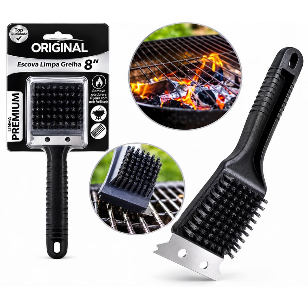 Escova Limpa Grelha com Raspador de Aço Inox para Churrasqueira Limpeza Premium