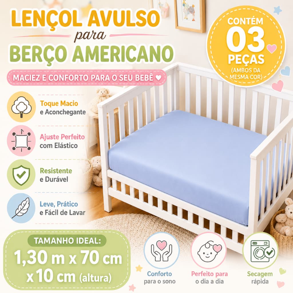 Kit Lençol Berço Americano 3 Peças com Elástico 100% Poliéster Bebê Menino Menina
