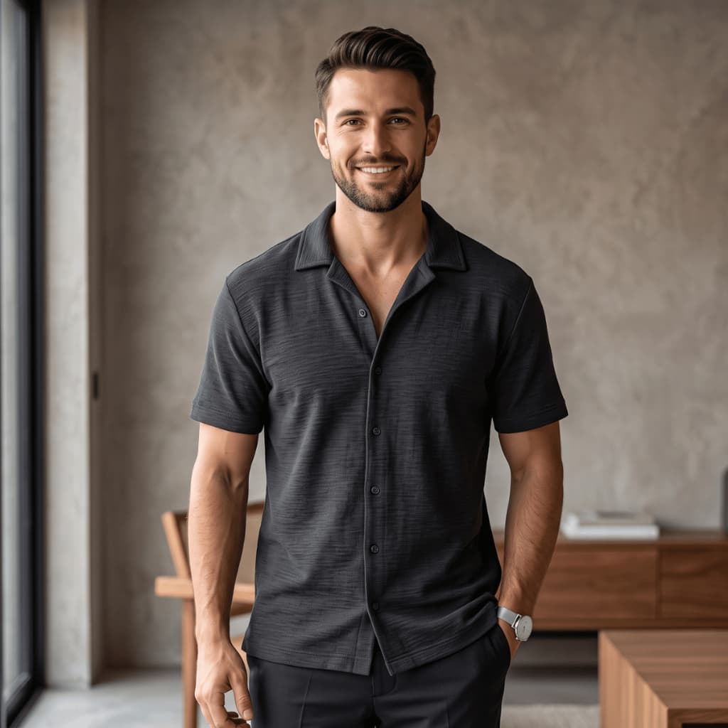 Camisa Masculina Texturizada Premium Social Casual Manga Curta