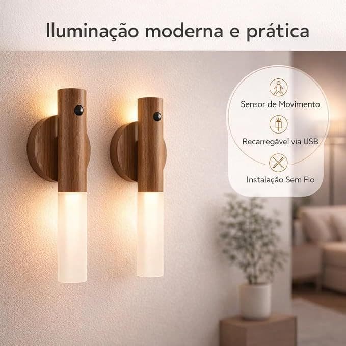 Luzes internas com sensor de movimento de madeira, corpo magnético, corredor, recarregável, LED