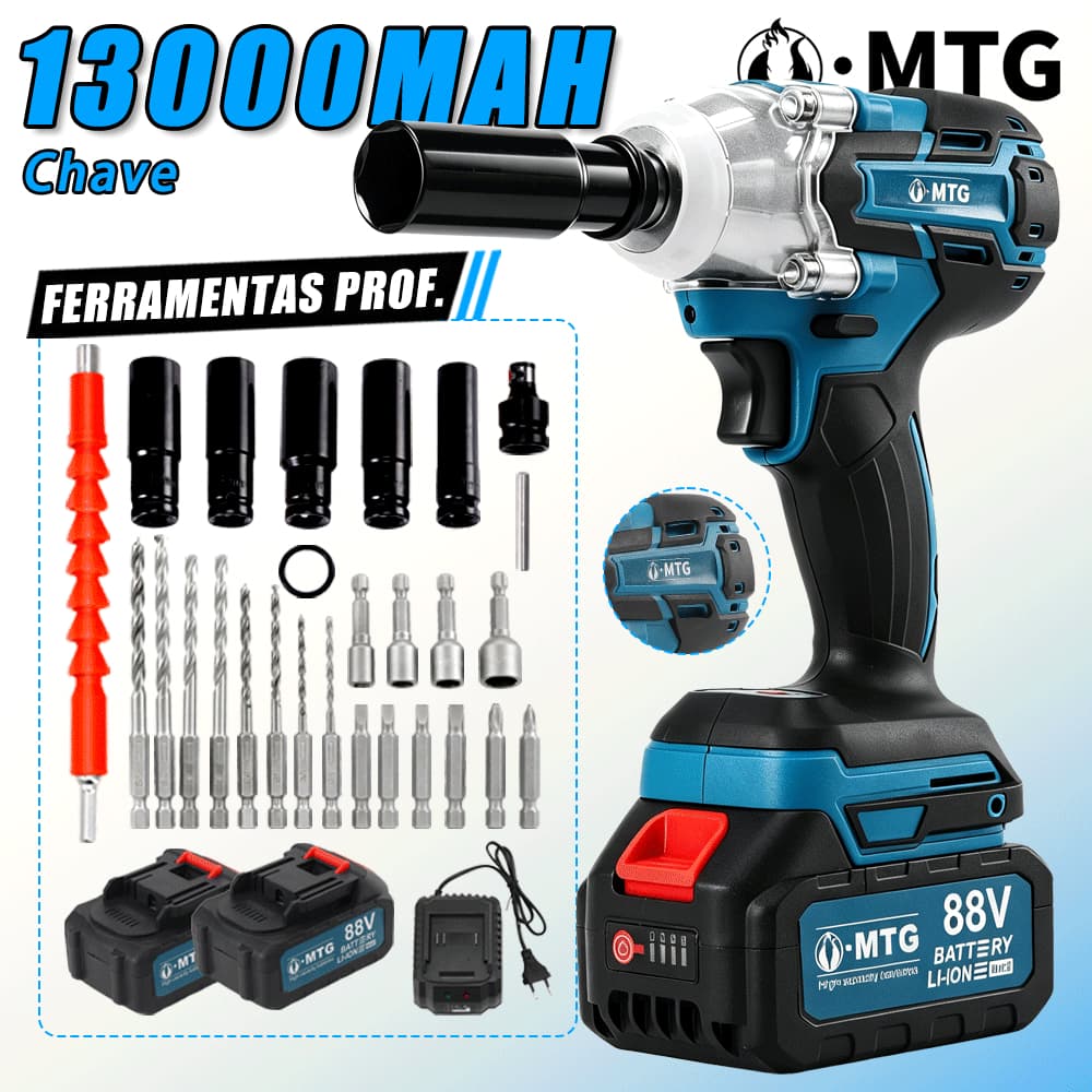 Chave de Impacto Brushless 300N.m - 3 em 1 | Com Jogo de Soquetes | Sem Fio +2 Baterias 88V