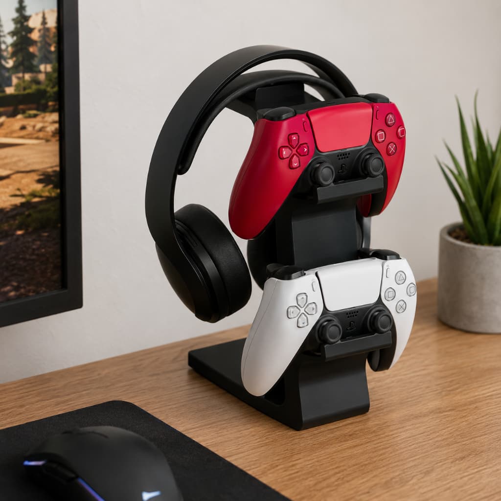 Suporte para 2 Controles e Headset em PLA Premium Preto | Organizador Gamer para PS5, Xbox e PC | Impressão 3D