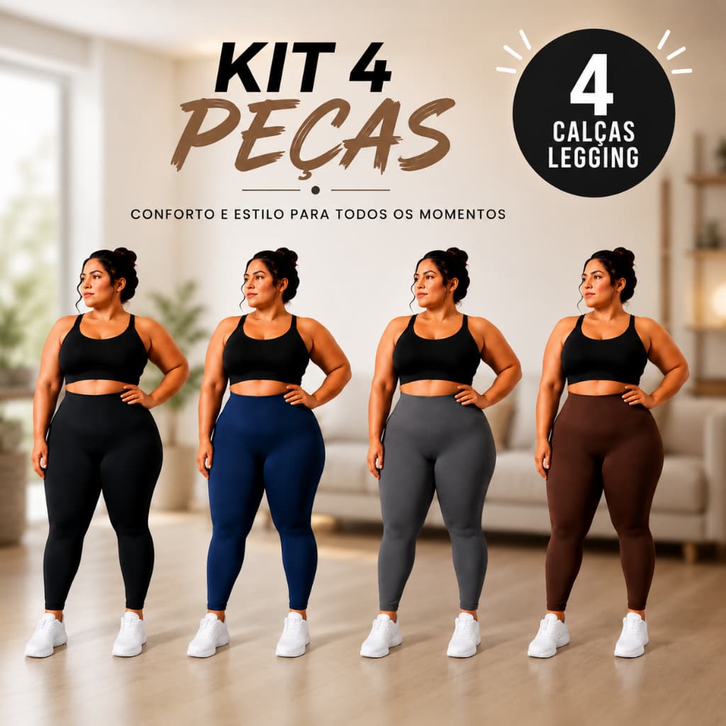 Kit 4 Calças Legging Plus Size Com Forro Feminina Roupa Fitness Cintura Alta Sem Transparência