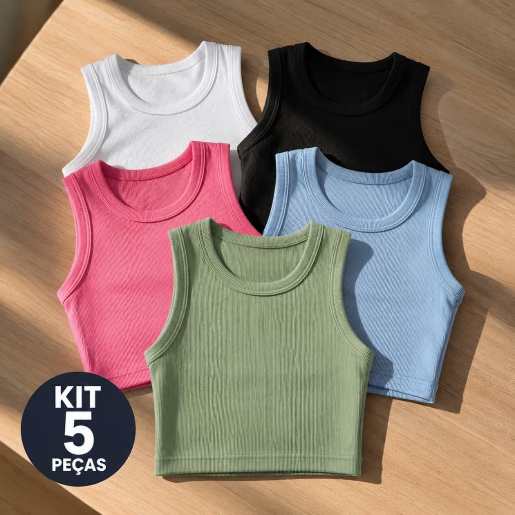 Kit 5 Regatinha Canelada Cropped Varias Cores Moda Gringa - CORES SORTIDAS