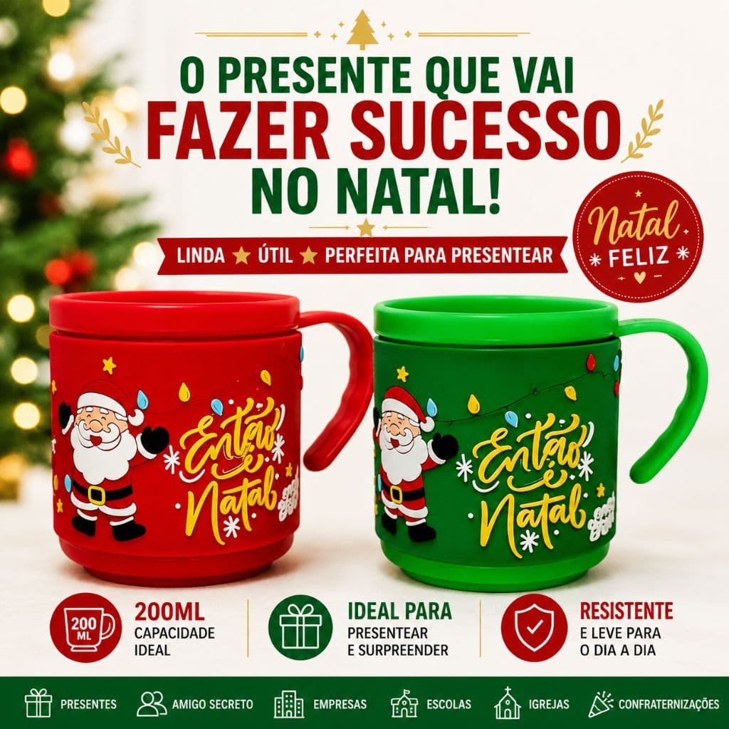 2 Canecas Natal 200ml Plástico Emborrachada Vermelha Verde Presente Lembrancinha Natalina