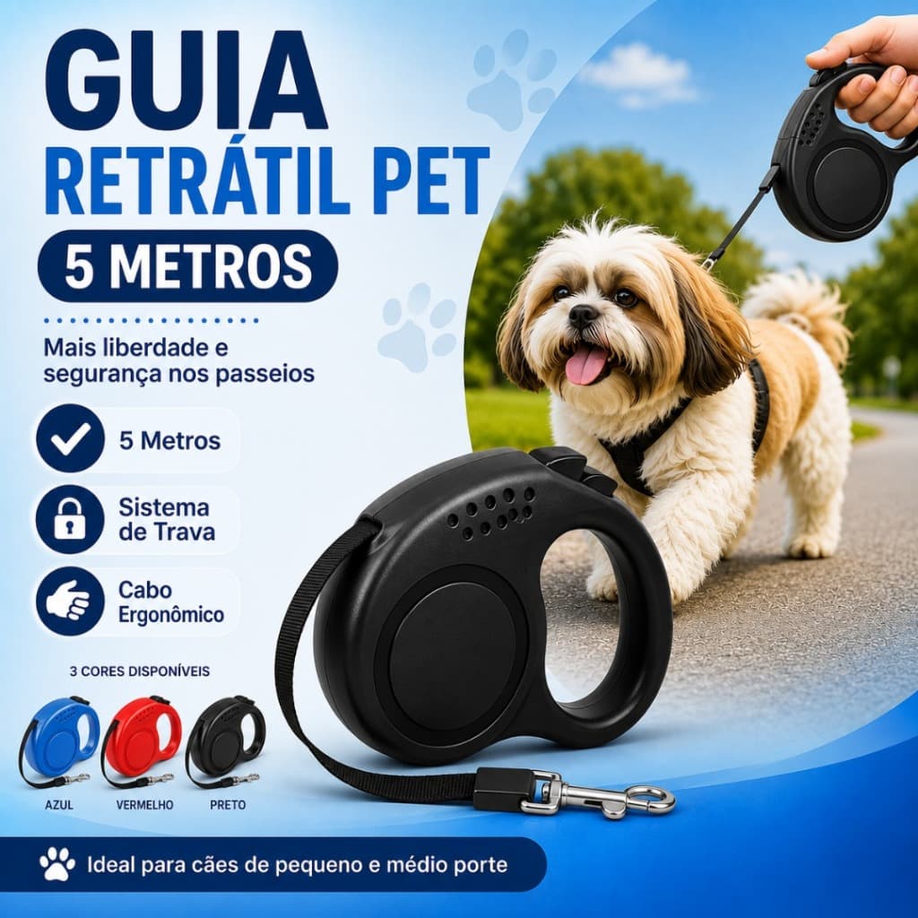 Guia Retrátil para Cães 5 Metros com Trava Automática Coleira Retrátil Passeio Pet Pequeno e Médio Porte