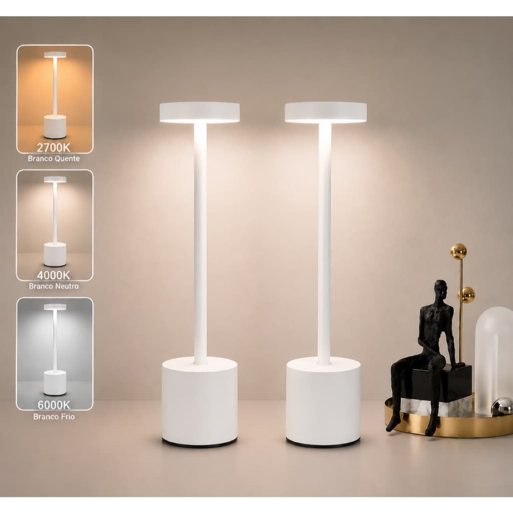 Kit 2 Luminárias Mesa Abajur Touch Led Dimerizável Luz Decoração Sem Fio 3000k Recarregável Branco