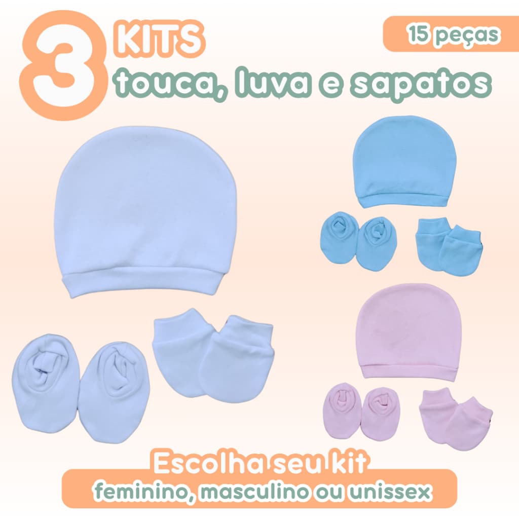 3 Kits Touca, Luva e Sapatinho Bebê 100% Algodão Recém Nascido Feminino Masculino Unissex Enxoval Maternidade Zuraffa