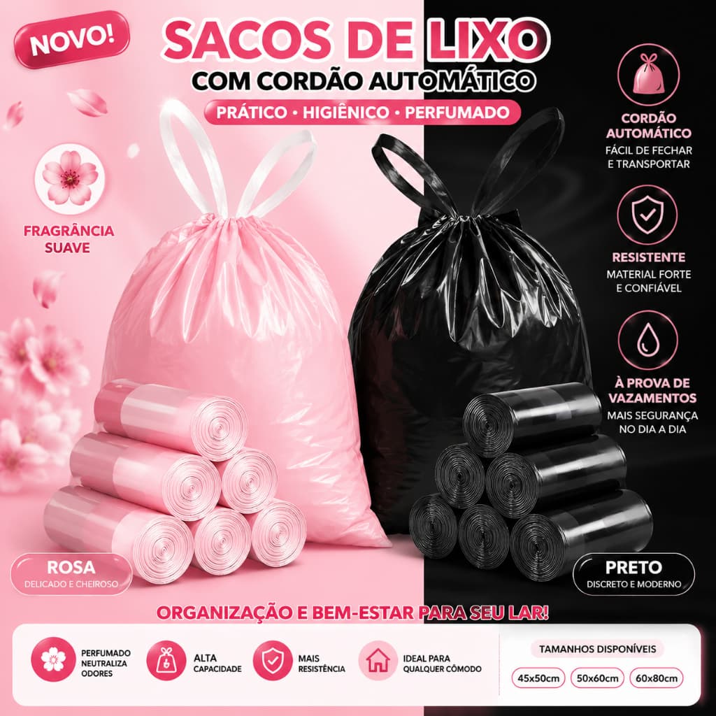 Saco de Lixo Perfumado Com Cordão Automático Resistente