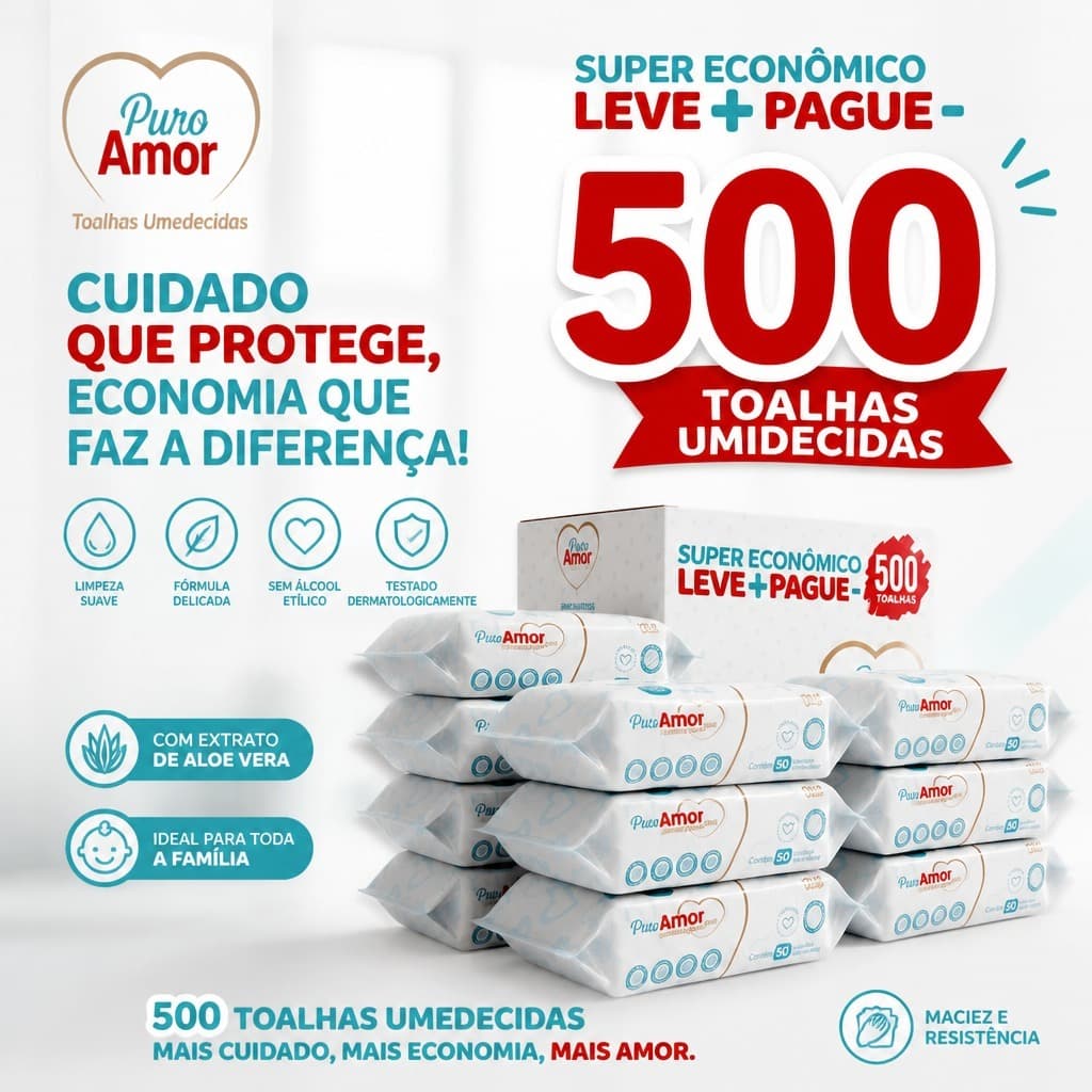 Box Puro Amor Premium com 500 Lenços/Toalhas Umedecidas - Tampa FlipTop
