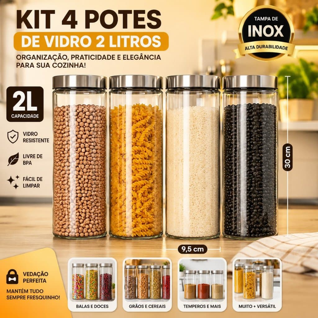 Potes Herméticos 2 litros De Vidro Com Tampa Inox 4 Unidades