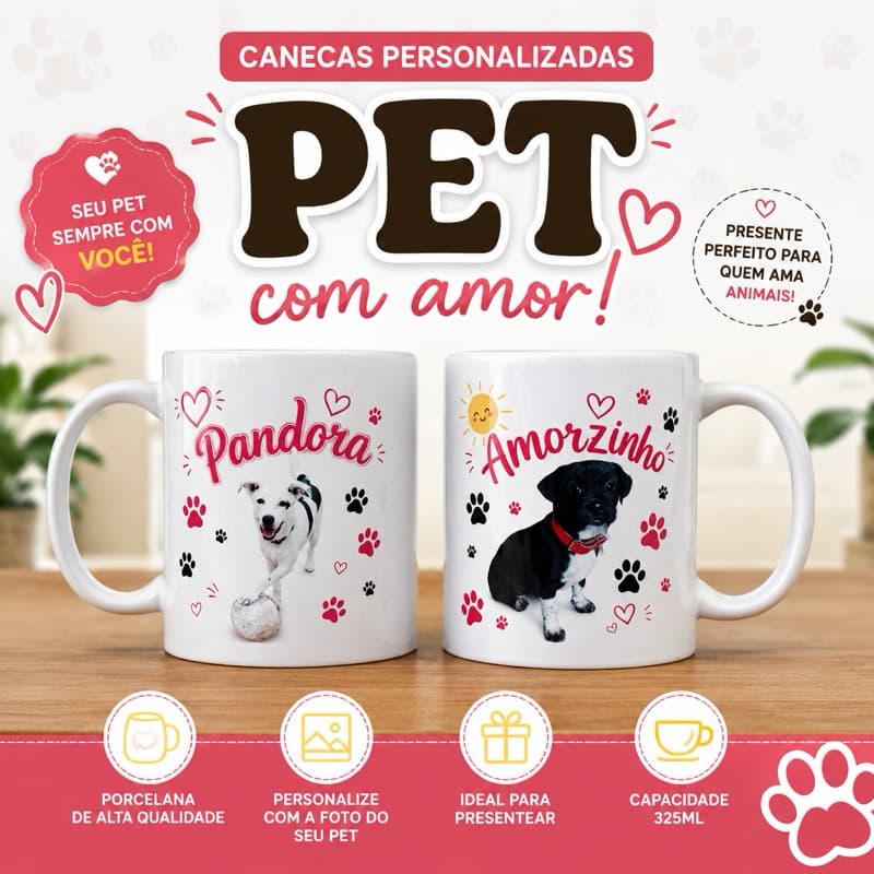 Caneca Personalizada com seu PET - Porcelana 325ml