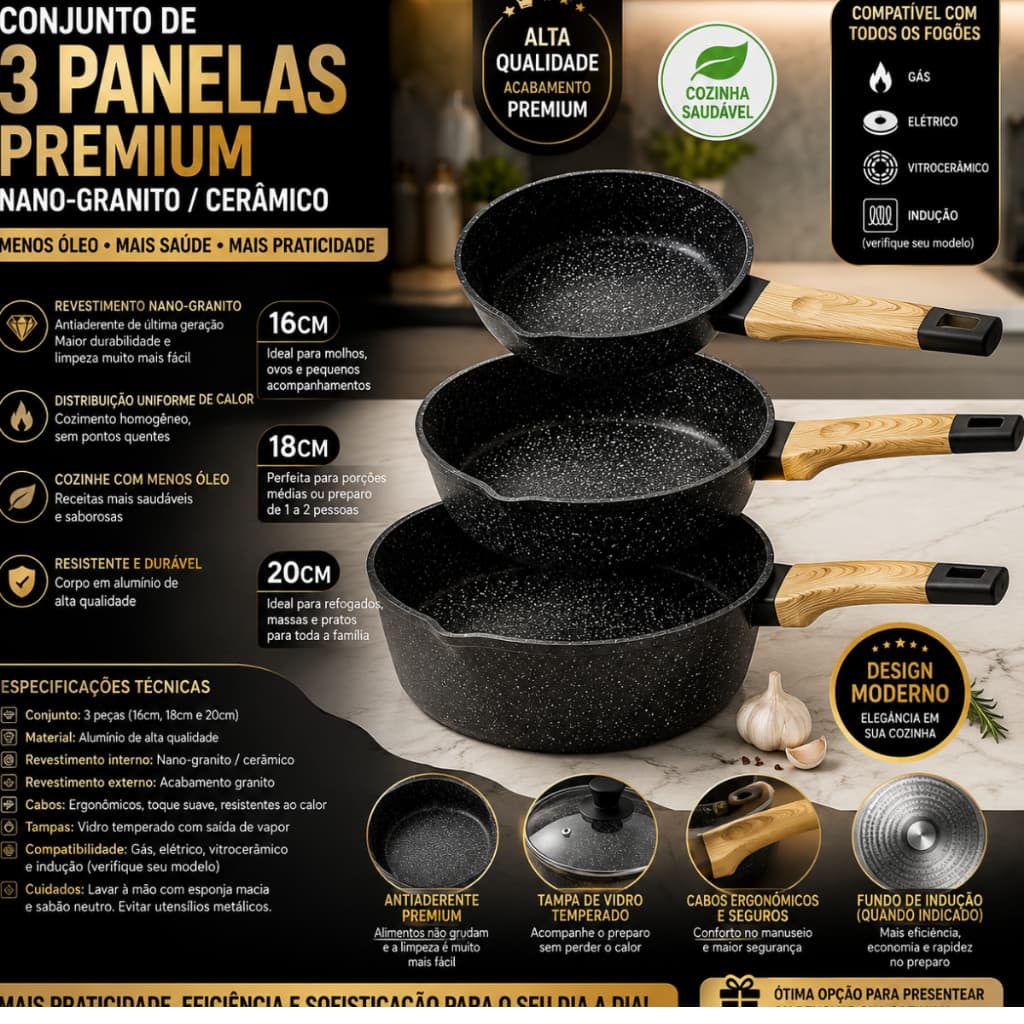 Jogo de Panelas 3 Peças Antiaderente Nano Granito Cerâmica Premium Alta Qualidade Resistente