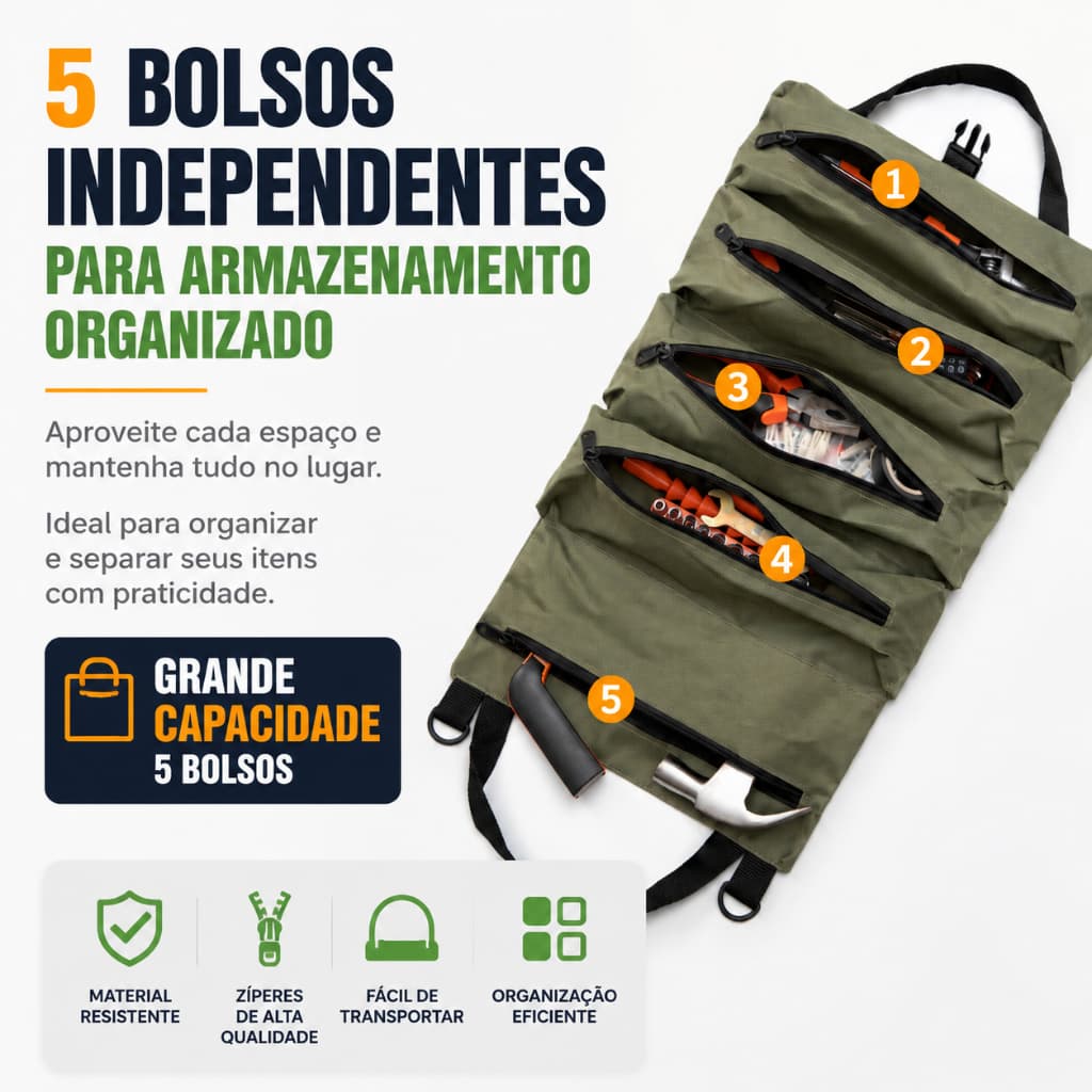 Caixa de ferramentas multifuncional dobrável para carro com 5 compartimentos com zíper adequados para eletricistas e pro