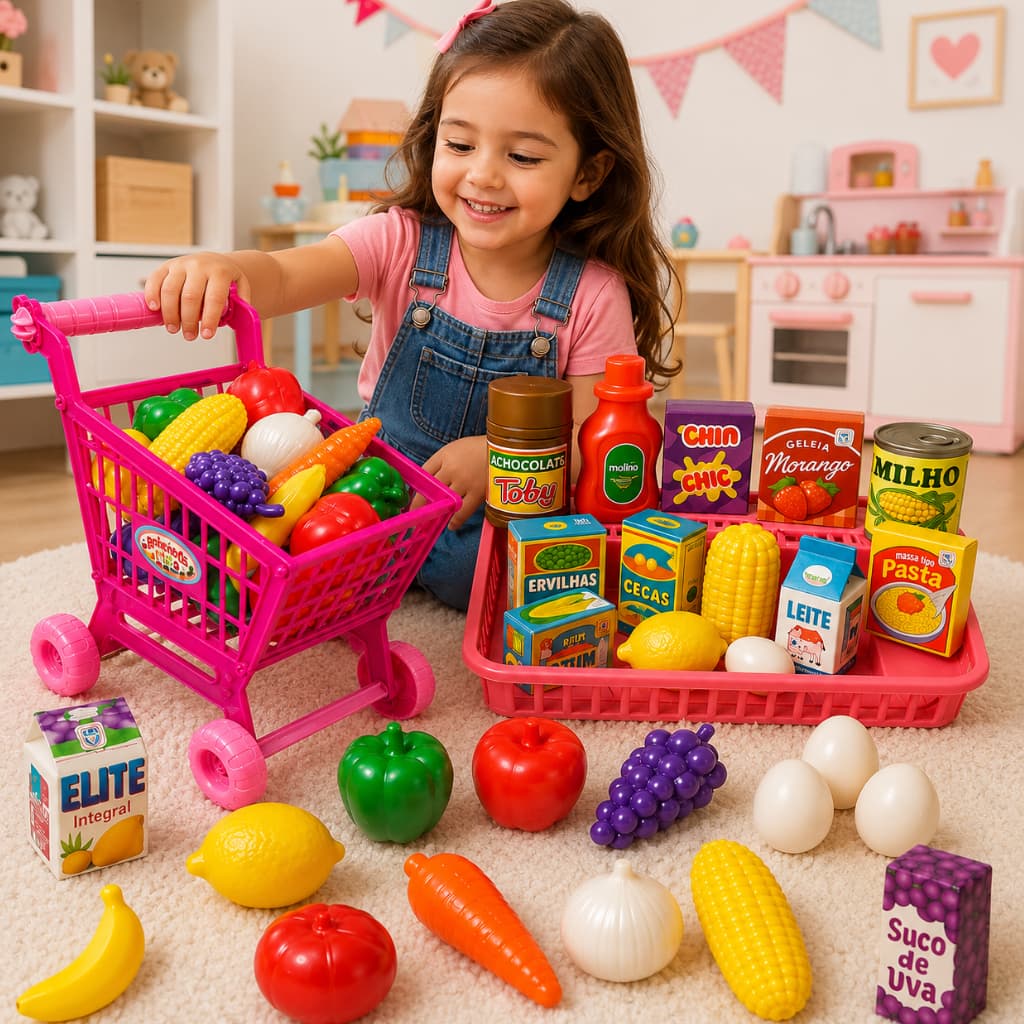 Kit Mercadinho Comidinhas Cozinha Brinquedo Infantil+ Carrinho Supermercado Frutas Legumes 26 peças
