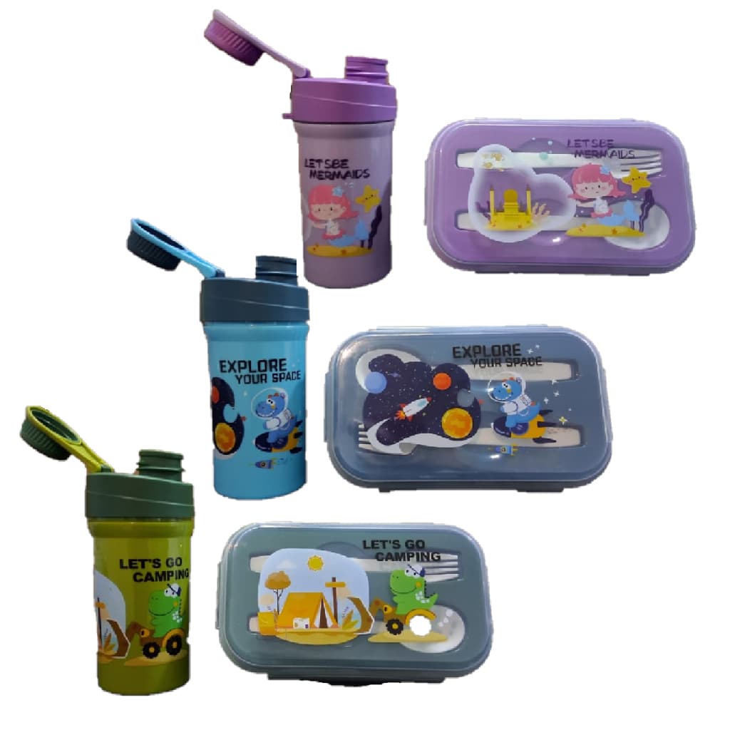 Kit Marmita Lancheira Infantil Plástico Copo Talheres Divisória Decorado Personagens Escolar