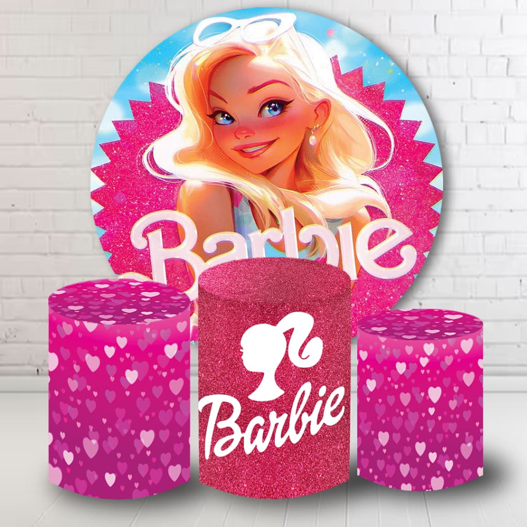 Kit Painel Decorativo + 3 Capas Cilindro Tema Barbie Varios Temas Aniversário Festa