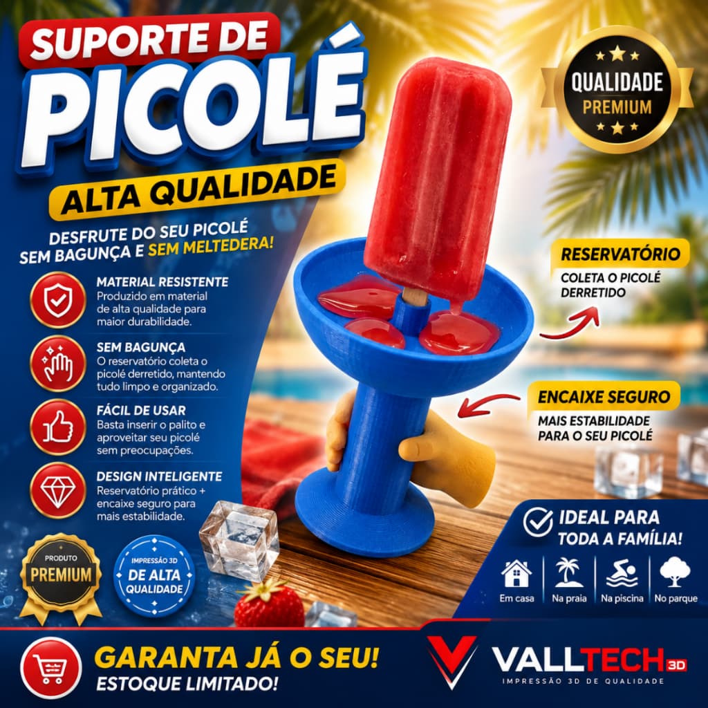 Suporte para Picolé com Reservatório Antigotejamento | Porta Picolé Infantil Reutilizável | Evita Sujeira | Impressão 3D
