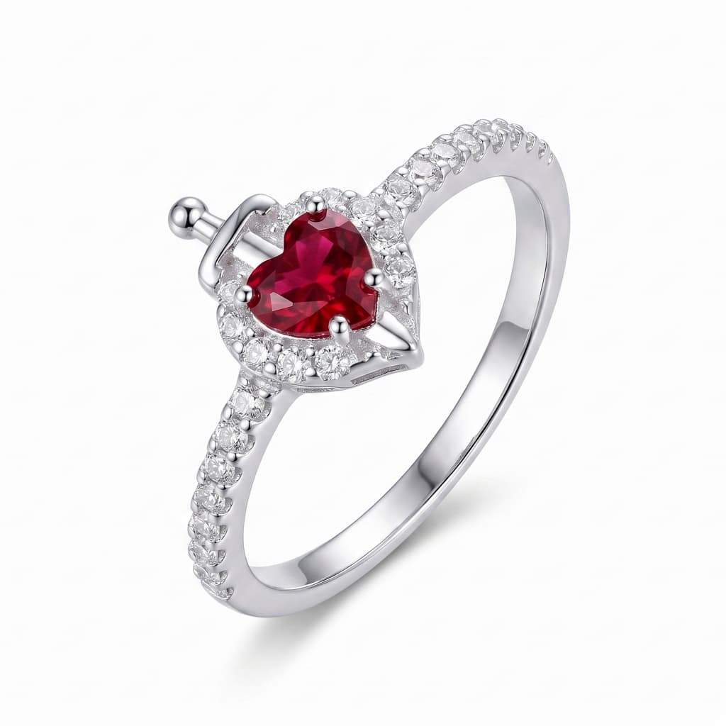 Anel Feminino Coração Prata Zircônia Branca ou Rubi Delicado Elegante Presente