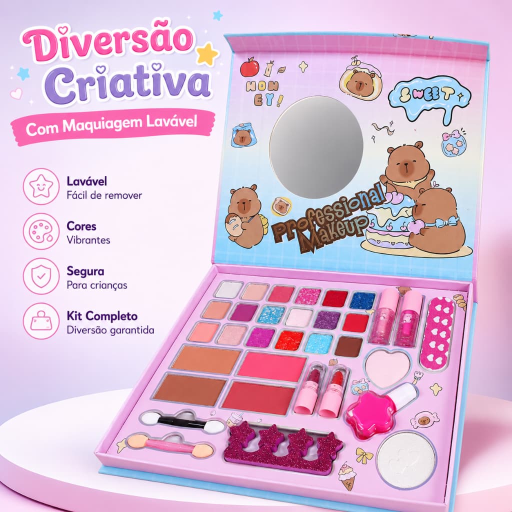 Kit Maquiagem Infantil Capivara Paleta de Sombras Gloss Esmalte Batom Divertido