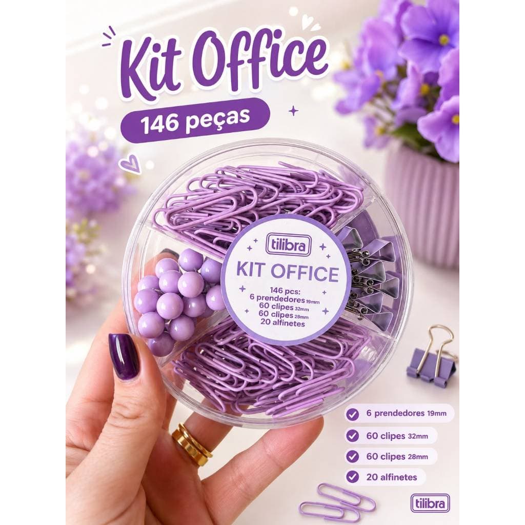 Kit Office 146 peças Clips, Prendedor para Papel e Alfinete Lilás Tilibra