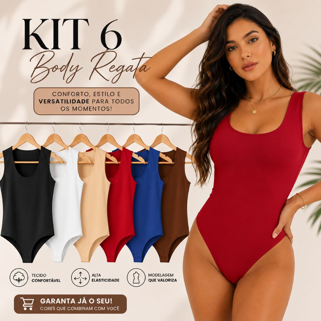 Kit 6 Body Feminino Decote Quadrado Regata Alça Larga Suplex Forro Duplo Zero Transparência
