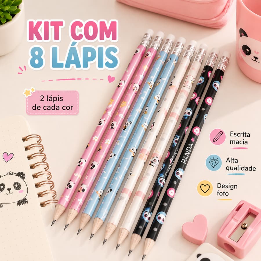 Kit 8 Lápis Tilibra Nº2 Panda Com Borracha Escolar Escrita Macia Coloridos Fofo Material Escolar