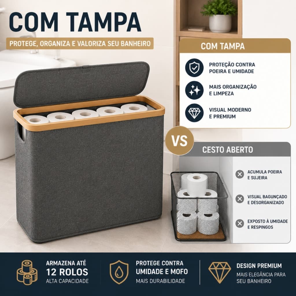 Cesto de Armazenamento de Papel Higiênico com Tampa Protetora em Bambu