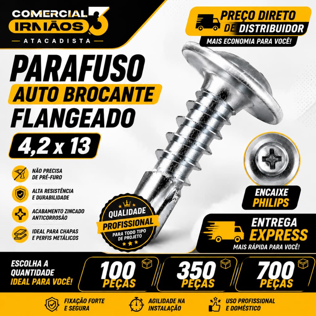 Parafuso Auto Brocante 4,2x13 Flangeado Philips Para Chapa Metal Galvanizado Kit 100 350 700 Peças Alta Resistência e Fi