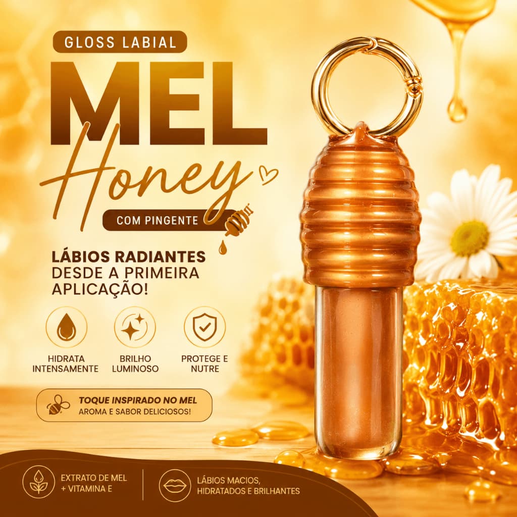 Gloss Labial Mel Honey com Pingente Hidratante Vitamina E Brilho Intenso Lip Gloss com Mel 3,5ml