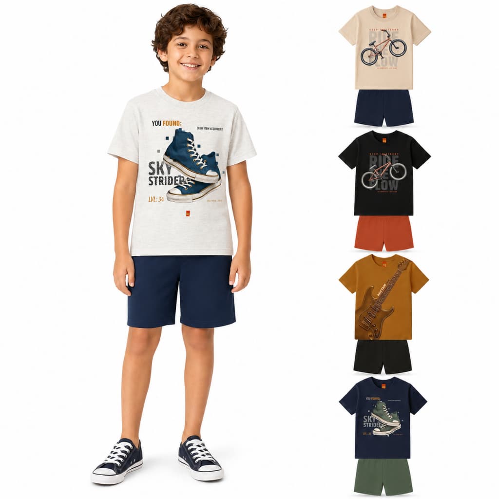Conjunto Infantil Menino Kyly Verão Camiseta Estampada e Bermuda Lisa Moletom Lançamento Moda Kids