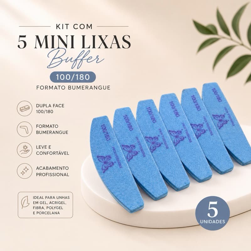 Kit 5 Mini Lixas Buffer 100/180 Bumerangue para Unhas em Gel Acrigel Manicure