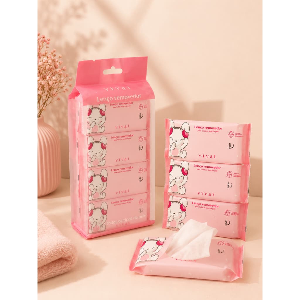 Mini Lenços Removedores de Maquiagem Vivai – Kit com 8 Pacotes, 64 Lenços