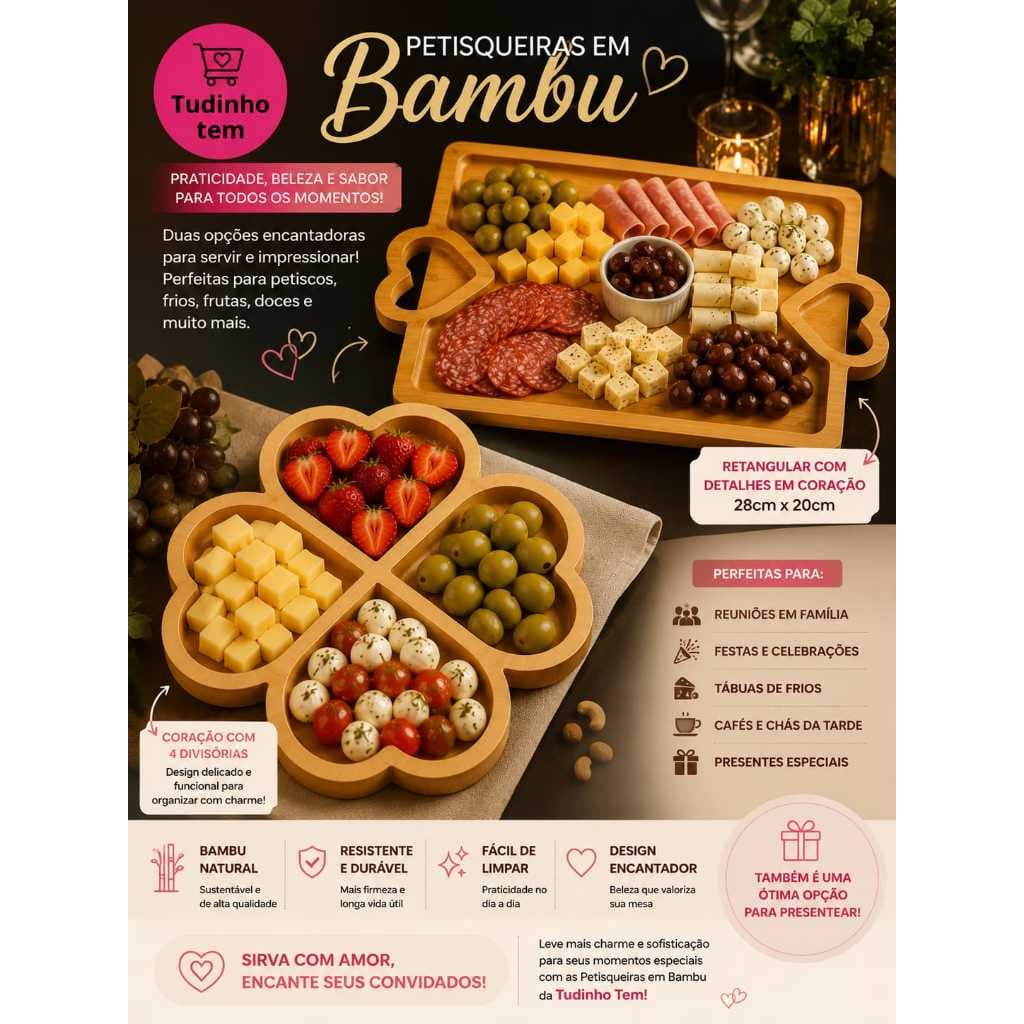 Petisqueira em Bambu, Modelos Coração e Retangular, Bandeja para Frios, Petiscos, Queijos e Aperitivos