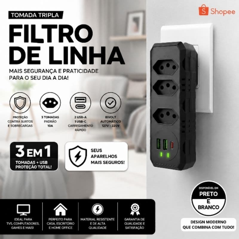 Adaptador Tomada Benjamin Tê Extensão Parede Com USB Cubo Filtro De Linha Multiplicador 4 Tomadas Premium Rapido Turbo