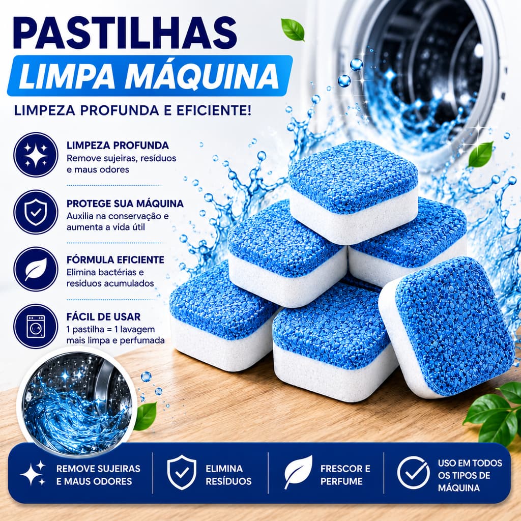 Pastilha Limpa Máquina de Lavar Roupas Limpeza Profunda Remove Sujeira Resíduos e Mau Odor Efervescente