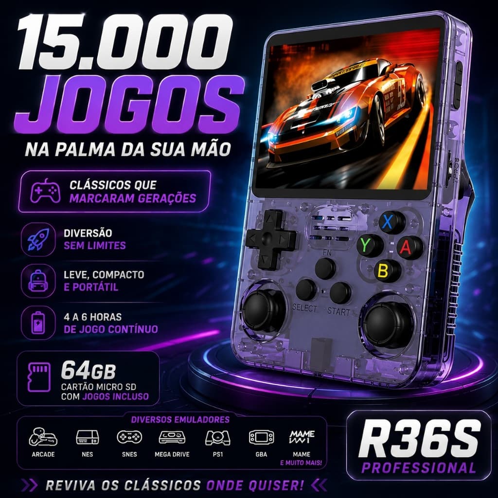 R36S Video Game Portátil 64GB 15000 Jogos Retrô Tela IPS 3.5 Analógico Duplo