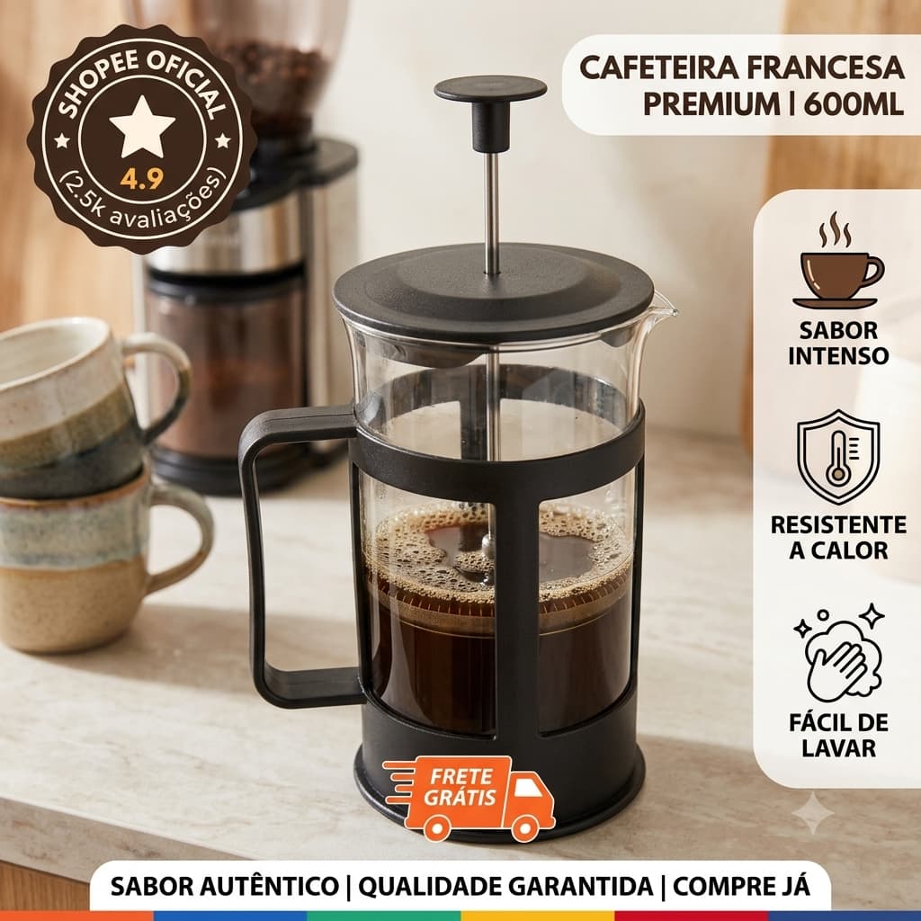 Cafeteira Francesa Prensa 300ml Vidro Alto Impacto Design Clássico Durável Uso Prático Café Chá