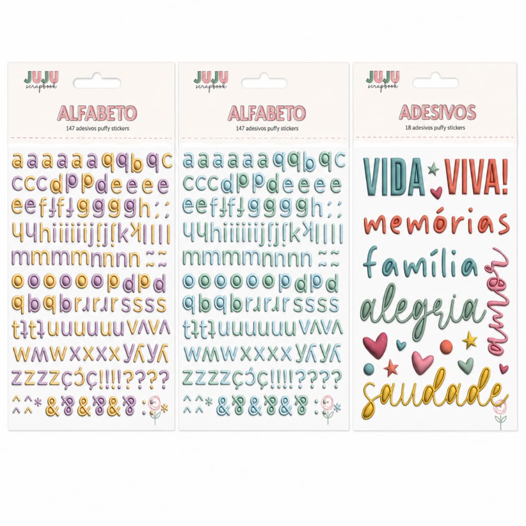 Cartela de Adesivos Puffy da marca Juju Scrapbook. Papelaria