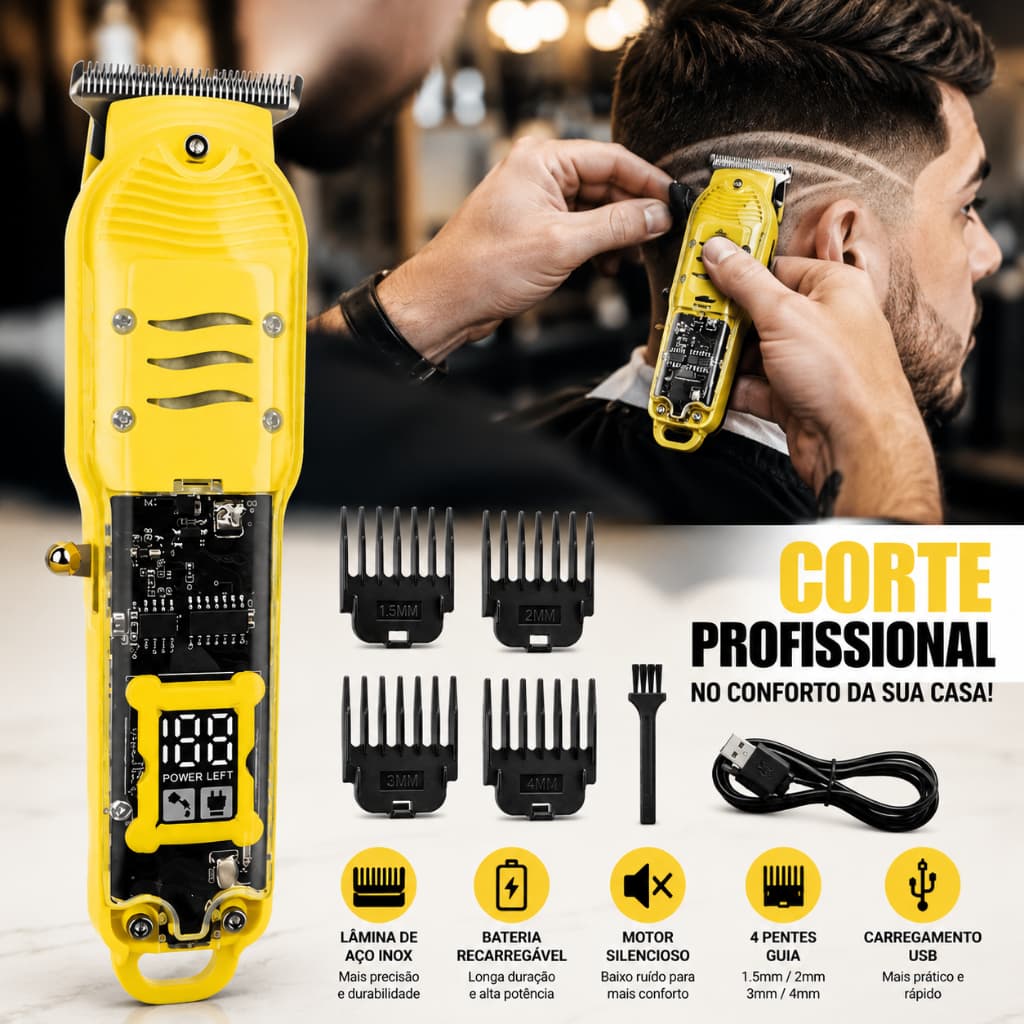 Maquina De Cortar Cabelo Profissional Smart LCD Barbeador Eletrico Transparente Sem Fio Para Homens VisionTech_