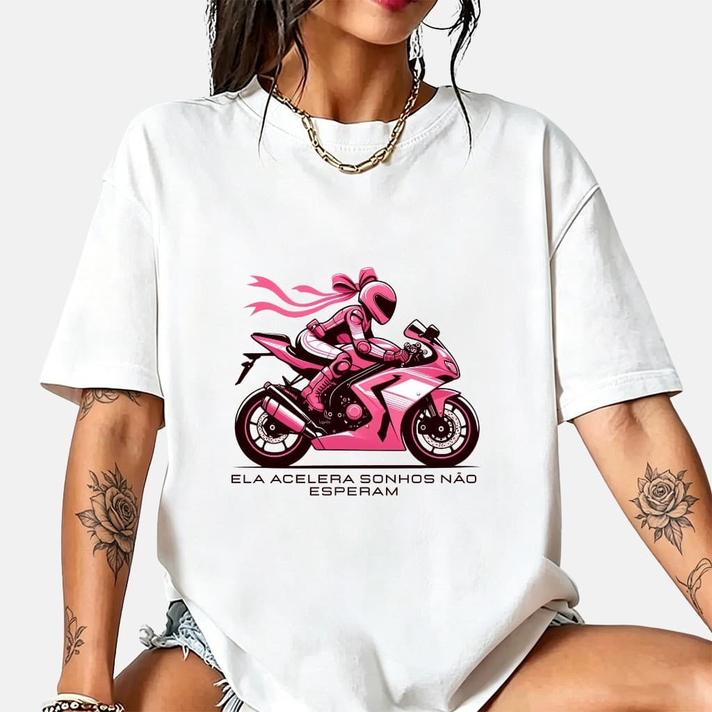 [Envio Rápido]Camiseta Oversized Feminina 100% Algodão Estampa Motoqueira Rosa Frase Motivacional Manga Curta