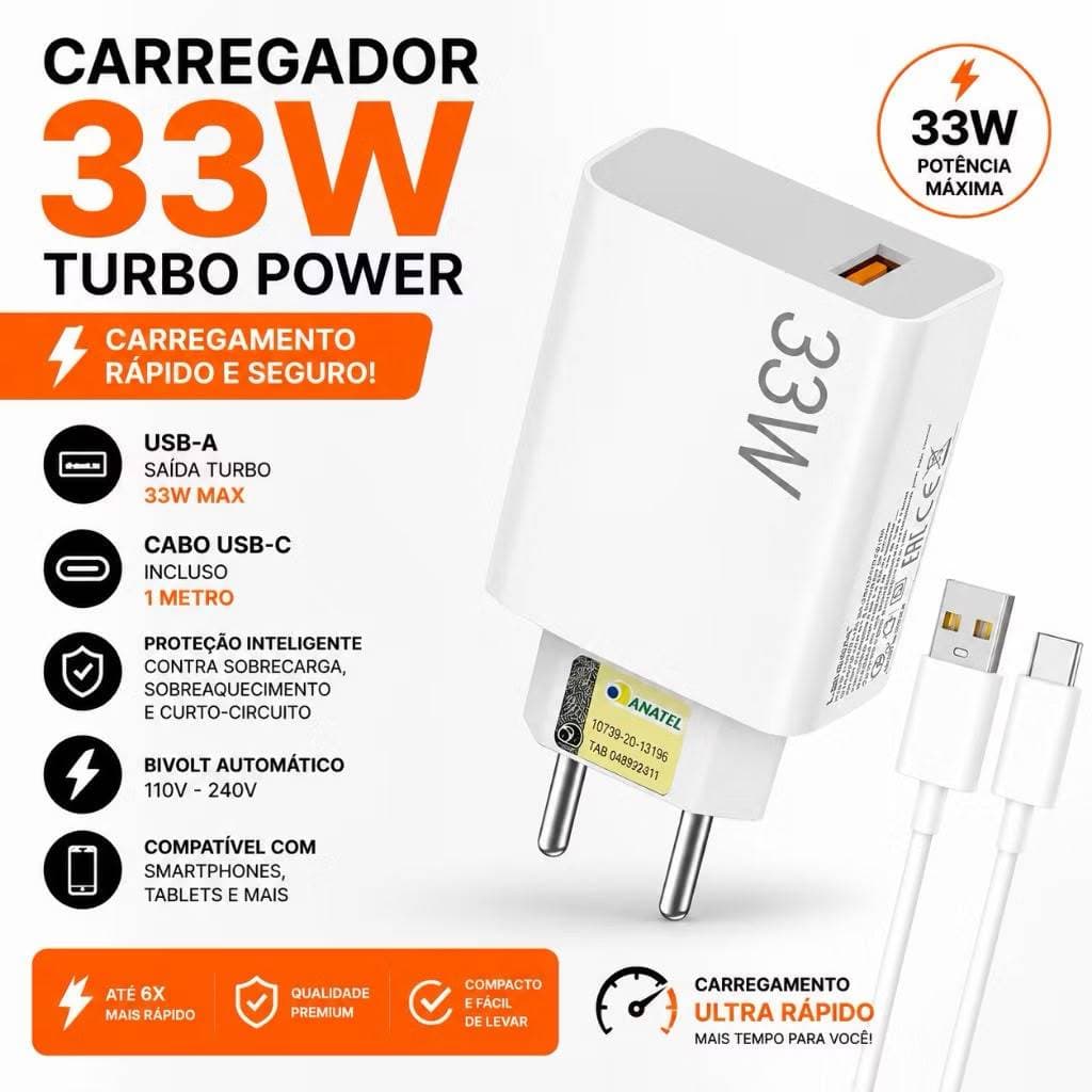 Carregador Lehmox 33w Compatível Xiaomi/Motorola/ Samsung/ Turbo Power Original Mi8 Mi9/Redmi Tipo-C 13C/Note 13/POCO