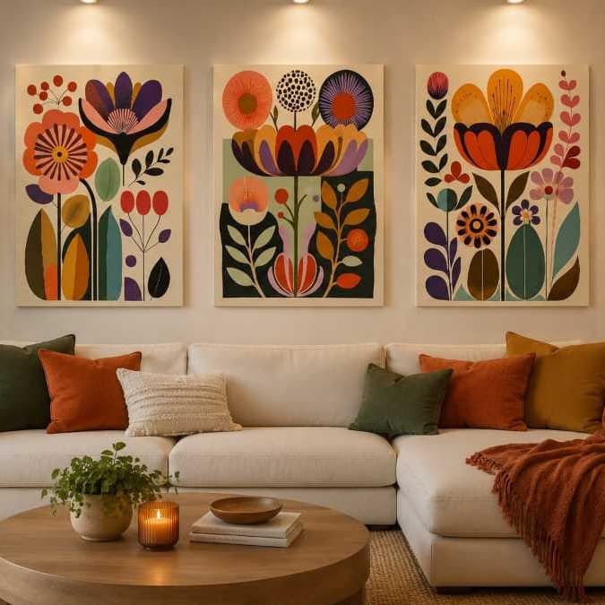 Quadro Decorativo 3 Peças Arte Popular Escandinava Floral Plantas Boémias para Sala Hall Quintal Quarto