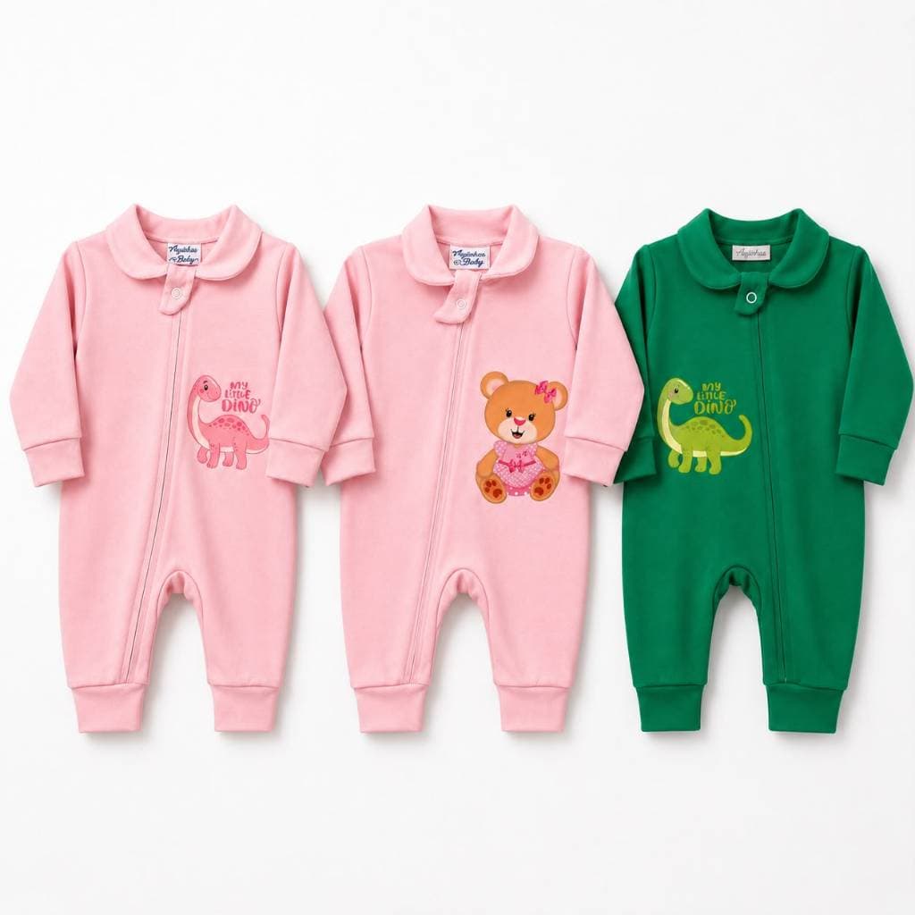 Macacão Longo Estampas Ursinhos e Dino Tecido Macio Para Bebê Com Zíper 100% Algodão Menino Menino RN P M G
