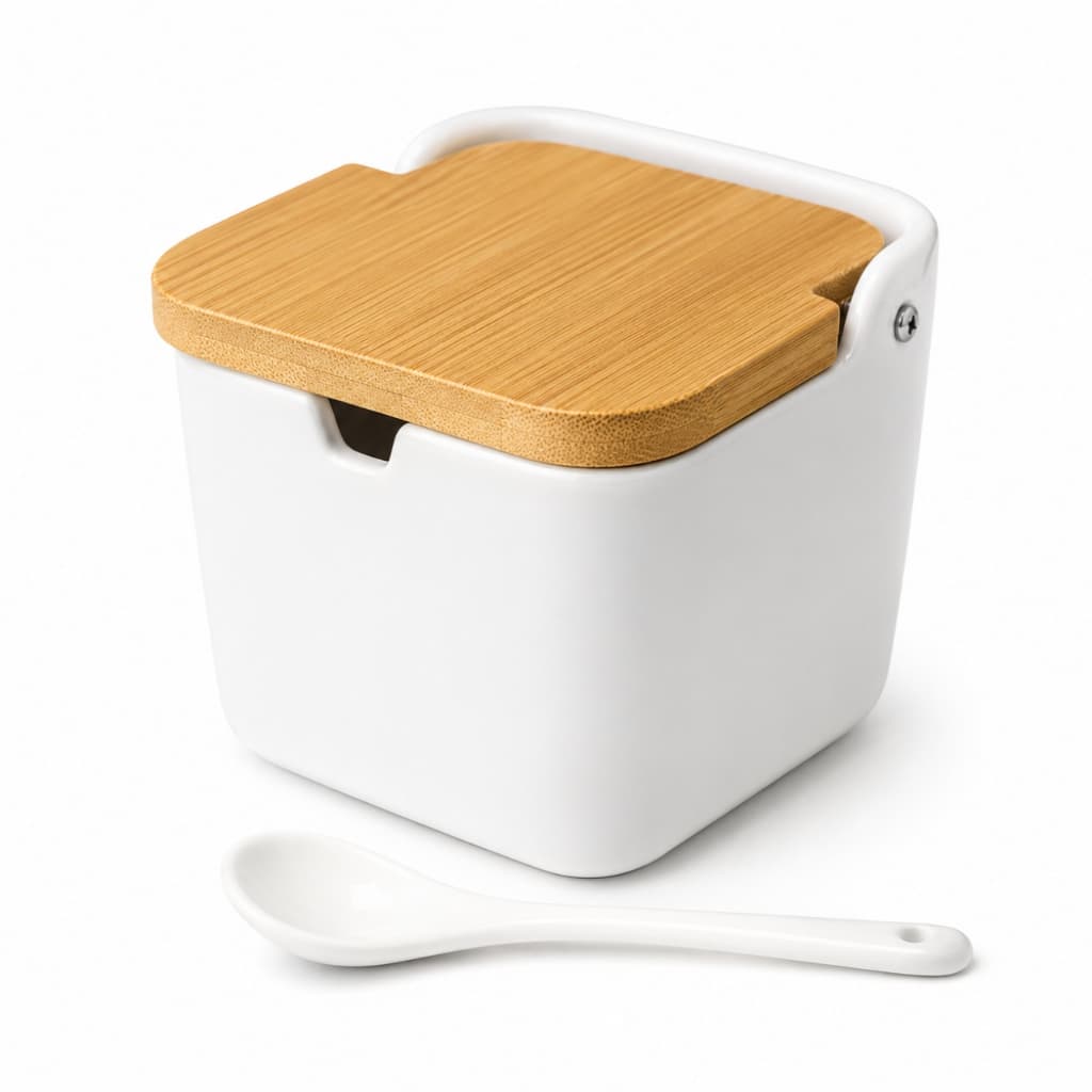 Saleiro de Mesa em Cerâmica Porcelana com Tampa de Bambu Natural e Colher Porta Sal Branco 9x9x8,5cm Pote para Temperos