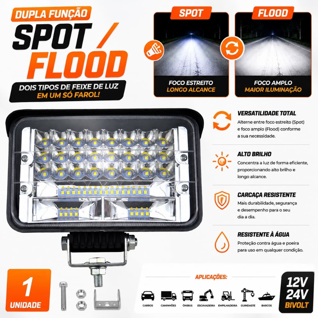 Farol Led retangular 144w foco duplo bivolt off road, caminhão 4x4 farol auxiliar TRATOR COLHEIRADEIRA EMPILHADEIRA