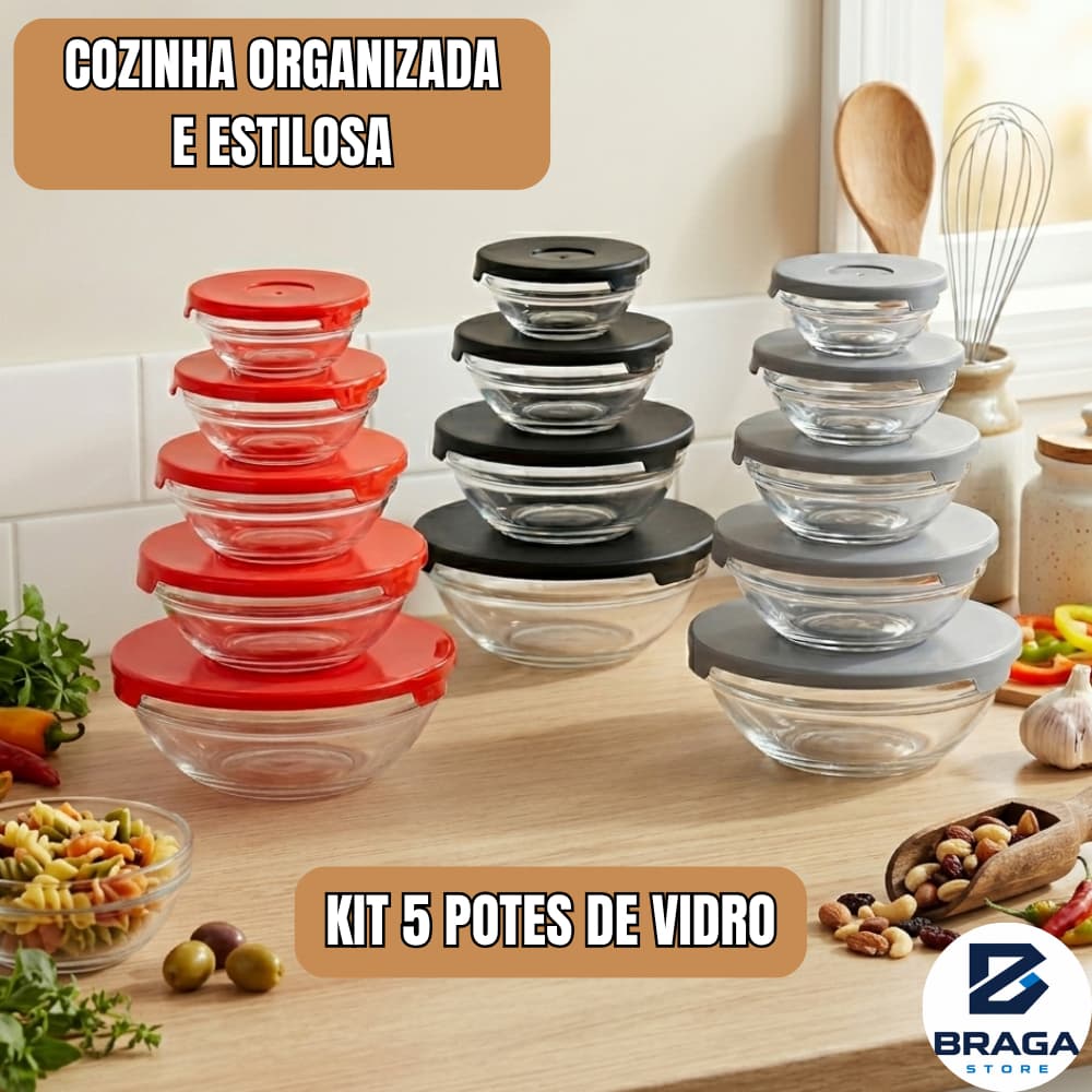 Conjunto 5 Potes Vidro para Frutas Condimentos Marmita Conservar Cozinha Vasilhas Tigelas Alimentos