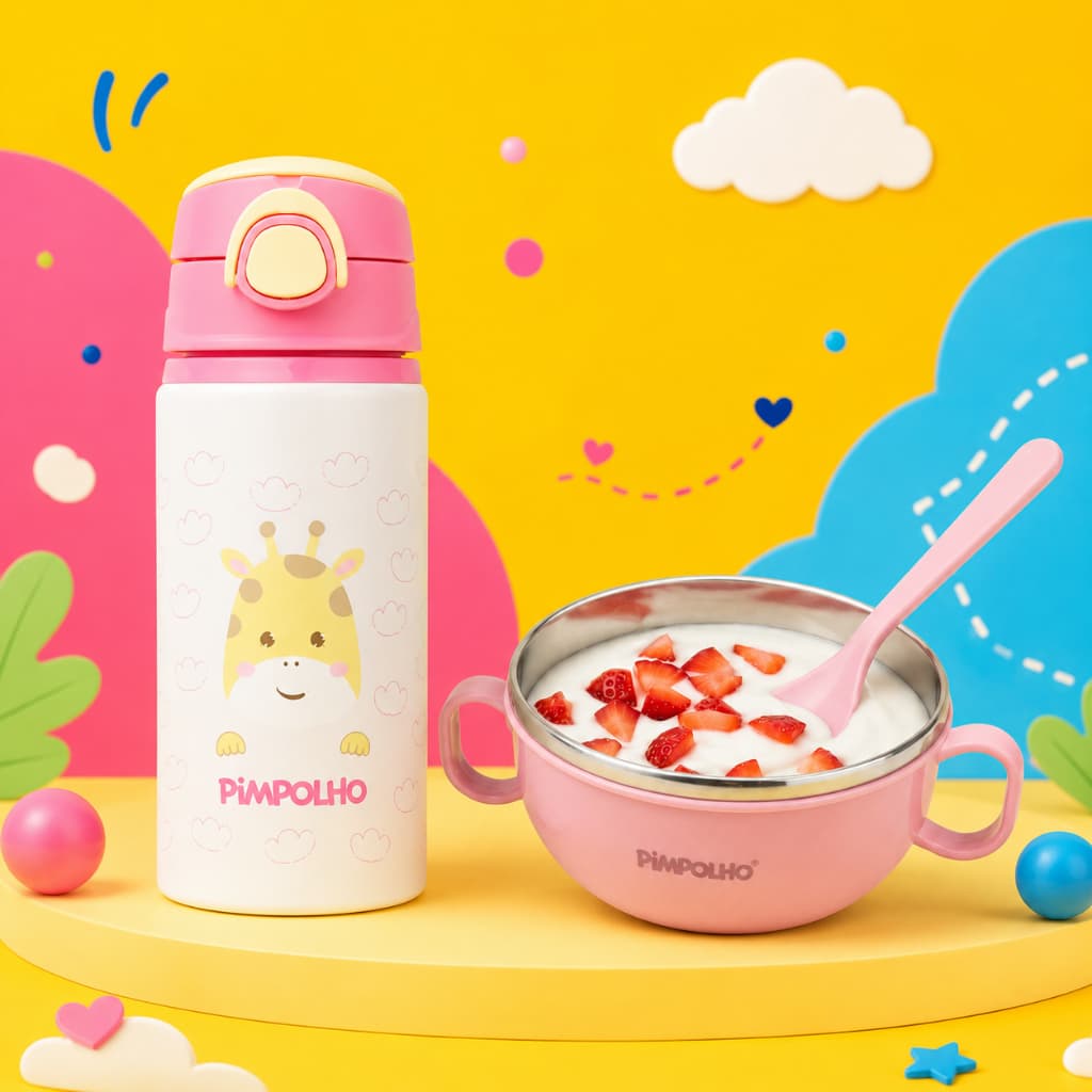 Kit Alimentação Colher Tampa Tigela Em Inox 300ml Garrafa 500ml Pimpolho Rosa