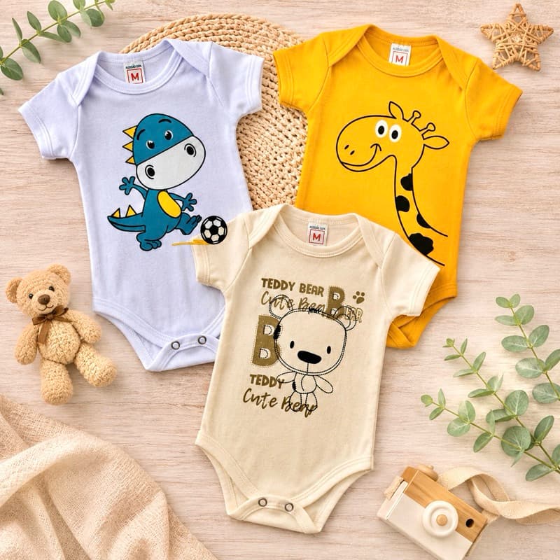 Body Bebê Infantil Temático Animais e Bichinhos Para Meninos (P, M e G) / Malha Suedine 100% Algodão